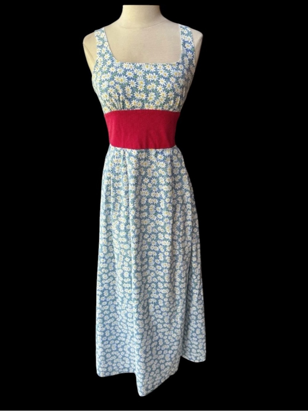 1970s Handmade Cotton, Daisy & Polka Dot Print, Empire Waist Cottagecore Maxi Su